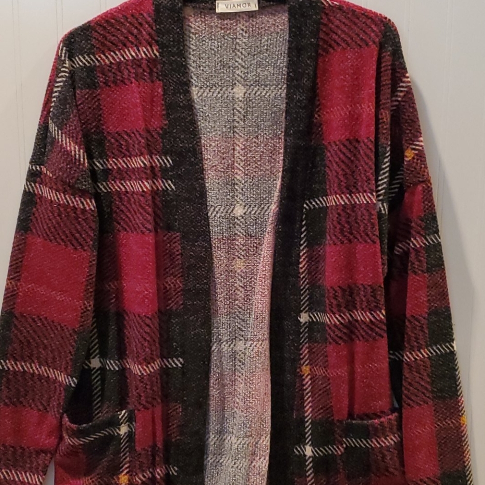 Red Plaid Open Cardigan S-L - Picture 3 of 5